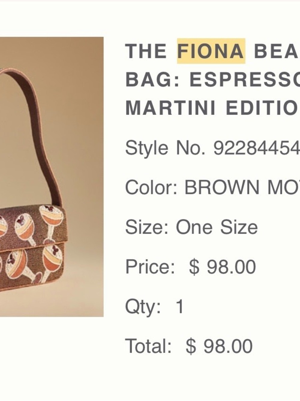 The Fiona Beaded bag Espresso Martini edition
